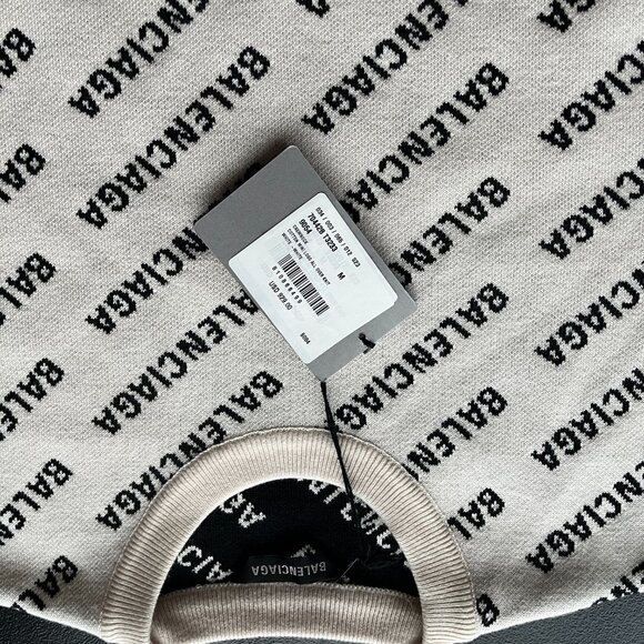 NWT Balenciaga Crewneck Knit Sweater White Cotton Wool Allover Mini Logo Sz L - Picture 5 of 11